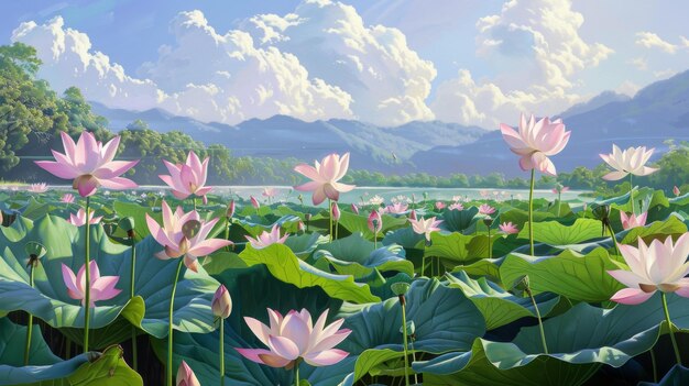 A picturesque landscape with a field of lotus flowers in full bloom their vibrant colors painting a breathtaking panorama of natural beauty and harmony