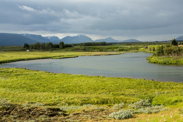 Picturesque landscape with green nature in Iceland during summer.