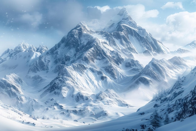 Picturesque Landscape with Majestic Snowy Mountain Peaks Embracing Natures Beauty