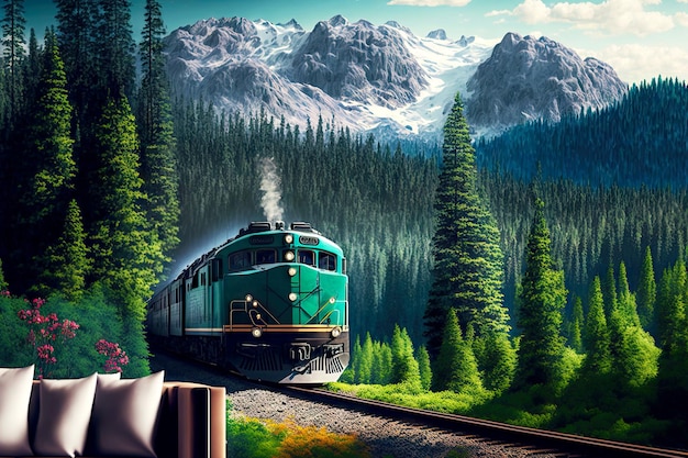 Picturesque landscapes railway transport against backdrop of coniferous forest of mountains and sky