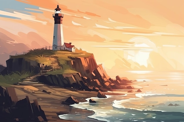 Picturesque lighthouse standing on a rocky cliff overlooking the sea Generative AI