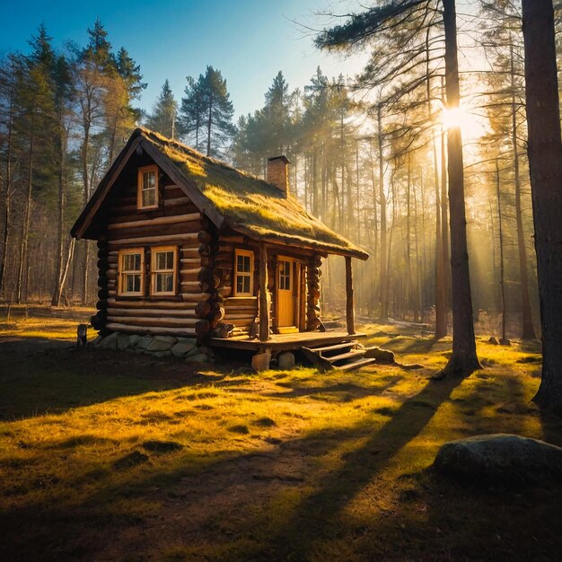 Picturesque Log Cabin In Sunlit Forest Generated by AI