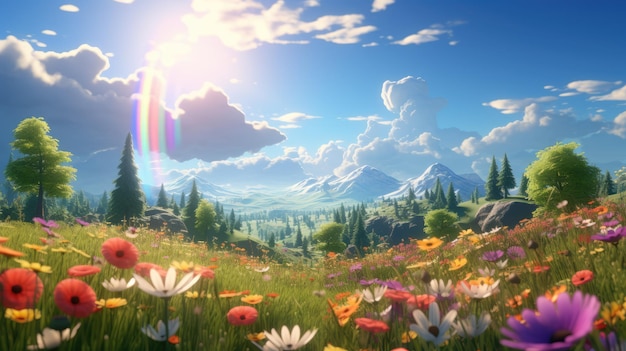 A picturesque meadow filled with wildflowers and a rainbow overhead