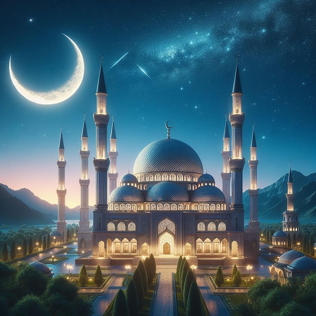 A picturesque mosque under a starry night sky with a crescent moon