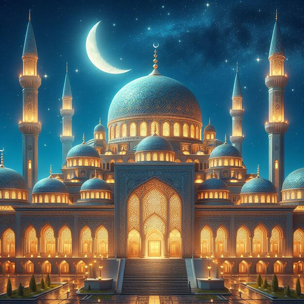 A picturesque mosque under a starry night sky with a crescent moon