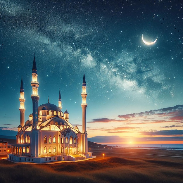 A picturesque mosque under a starry night sky with a crescent moon