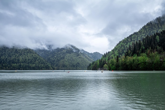 Picturesque mountain lake on a cloudy day