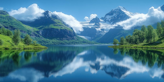 Picturesque Mountain Lake with Reflections of Clouds and Peaks