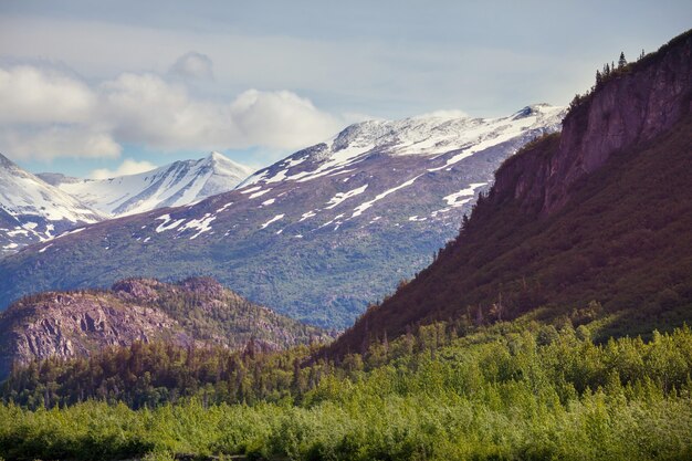 Picturesque Mountains of Alaska in summer. Snow covered massifs, glaciers and rocky peaks.