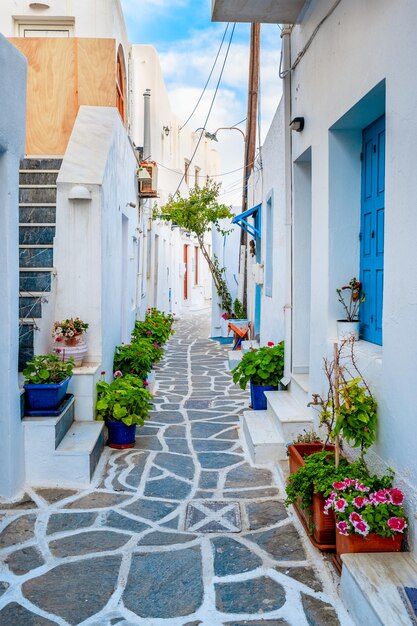 Picturesque Naousa town street on Paros island Greece