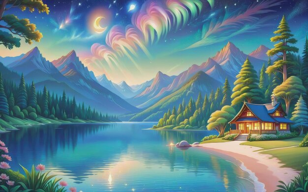 a picturesque night landscape unfoldsa serene lake nestled amidst