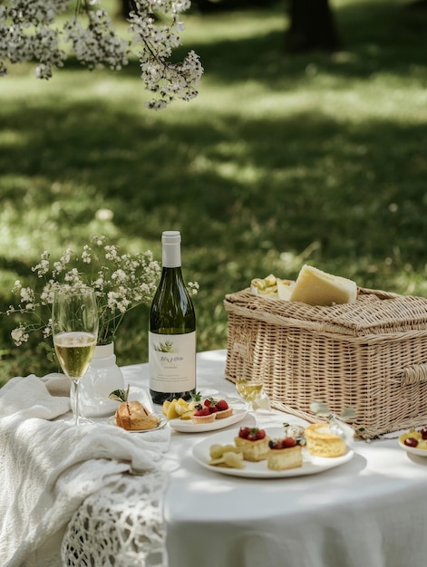 Picturesque Outdoor Picnic with Wine Cheese and Floral Accents on a Lush Lawn Backdrop