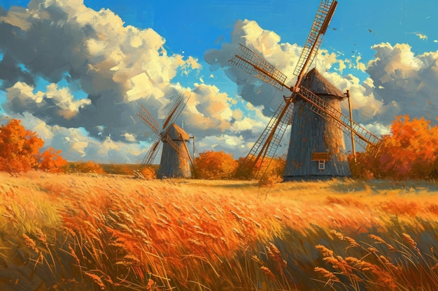 Picturesque painting of traditional windmills amidst golden autumn fields under a vibrant sky