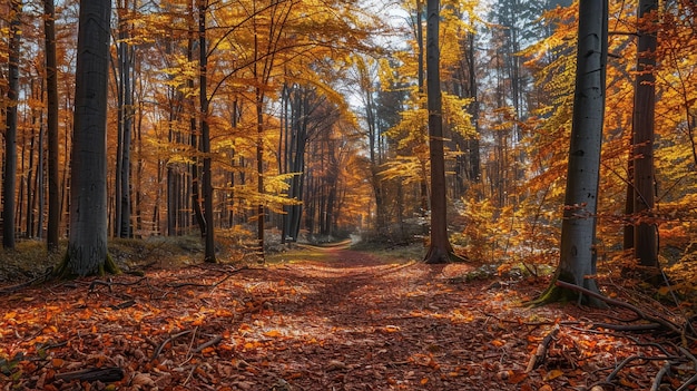 A picturesque path winds through a forest ablaze with vibrant autumn foliage symbolizing the b