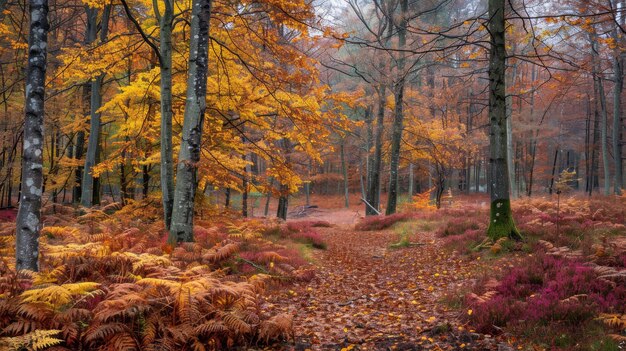 A picturesque path winds through a vibrant autumn forest Golden leaves blanket the ground whi