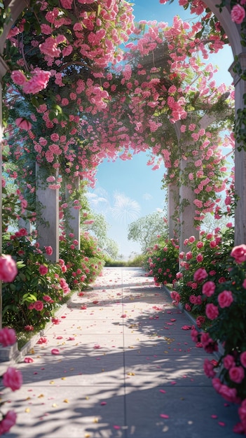 Photo a picturesque pathway lined with pink roses leading to a serene garden