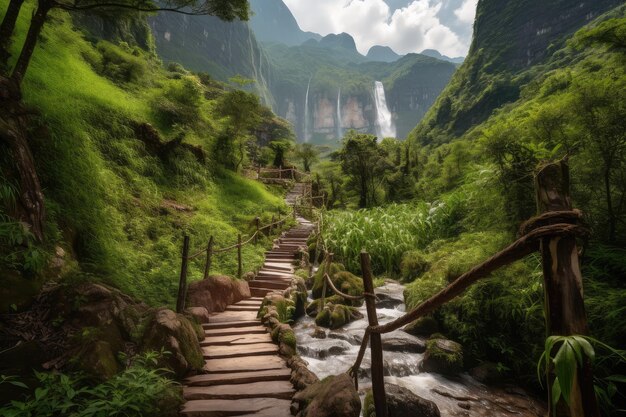 Picturesque pathway with a view of towering mountain and cascading waterfall created with generative ai