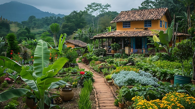 A picturesque permaculture garden with diverse plant species