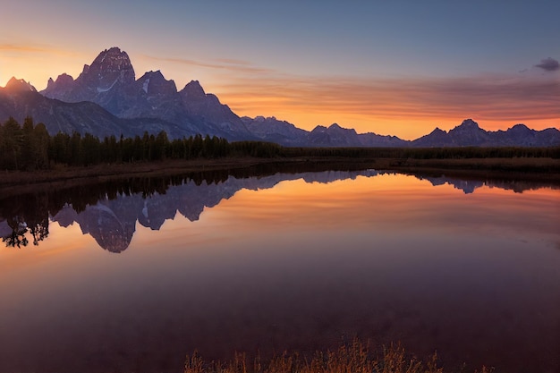 Picturesque pink sunset reflected in smooth water of mountain lake