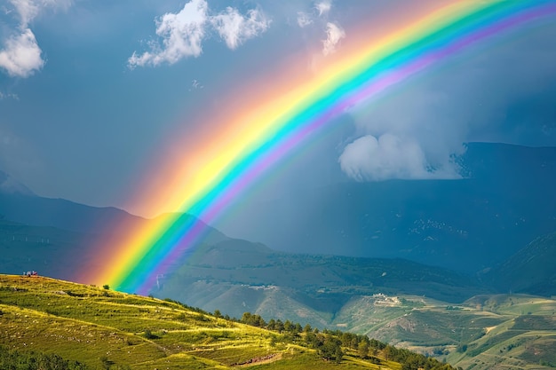 Photo picturesque rainbow spanning over lush green hills and mountains