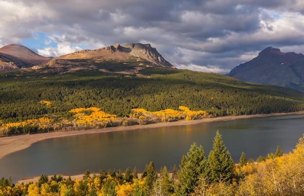 Picturesque rocky peaks of the Glacier National Park Montana USA Autumn season Beautiful natural landscapes