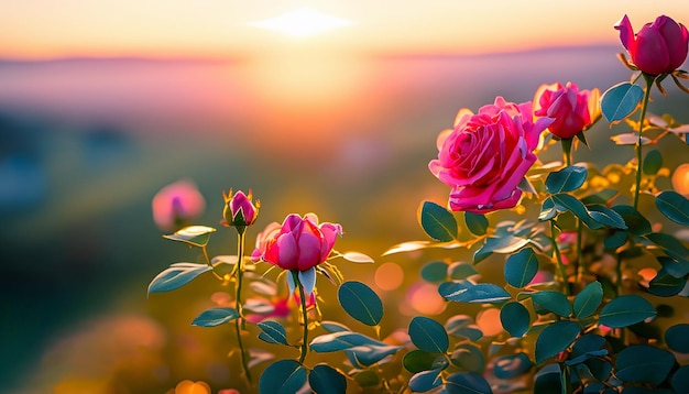 A picturesque rose bush surrounded by the soft hues of morning