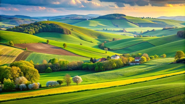 Picturesque rural landscape with green agricultural fields spring hills and blue sky South Moravia region Czech Republic