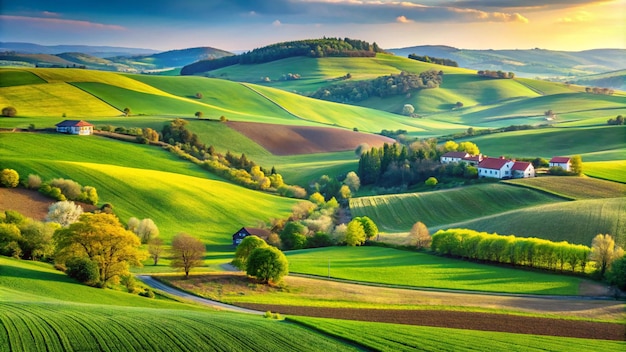 Picturesque rural landscape with green agricultural fields spring hills and blue sky South Moravia region Czech Republic