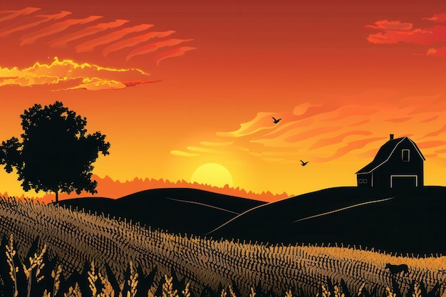 Photo a picturesque scene of a farmhouse silhouette against a vibrant sunset sky with rolling fields in the foreground generative ai