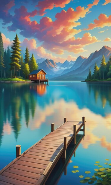 a picturesque scene featuring a dock on top of a tranquil lake