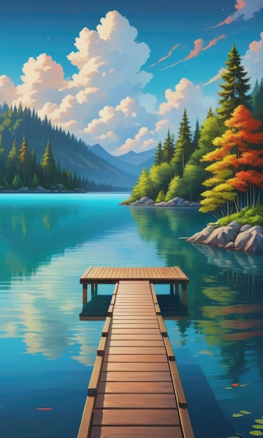 a picturesque scene featuring a dock on top of a tranquil lake