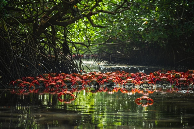 A picturesque scene of red crabs congregating at t generative ai