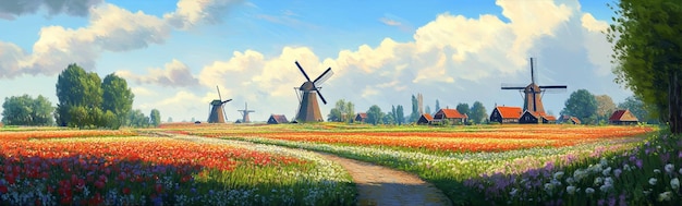 Photo a picturesque scene of traditional dutch windmills standing proudly amidst a vibrant field of w