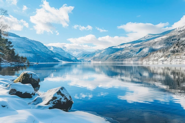 Picturesque scenery of calm lake surrounded by snowy mountains under blue sky in sunny winter day