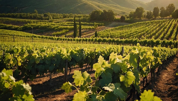 Photo picturesque scenery with rows of lush grapevines that stretch out towards the horizon