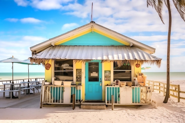 Picturesque seaside cafe on blue sky background Generative AI