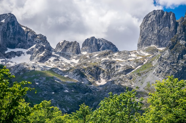 Picturesque snowcapped peaks of high mountains