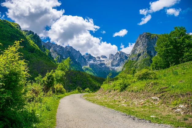 Picturesque snowy peaks of high mountains.