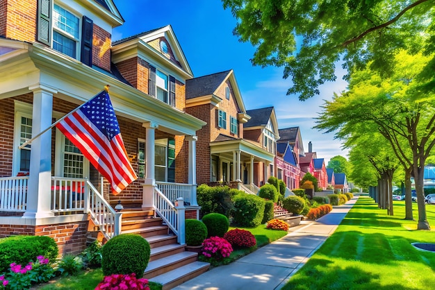 Photo picturesque suburban street scene classic american brick homes with flags and manicured lawns