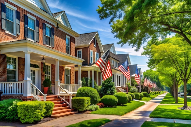 Picturesque Suburban Street Scene Classic American Brick Homes with Flags and Manicured Lawns