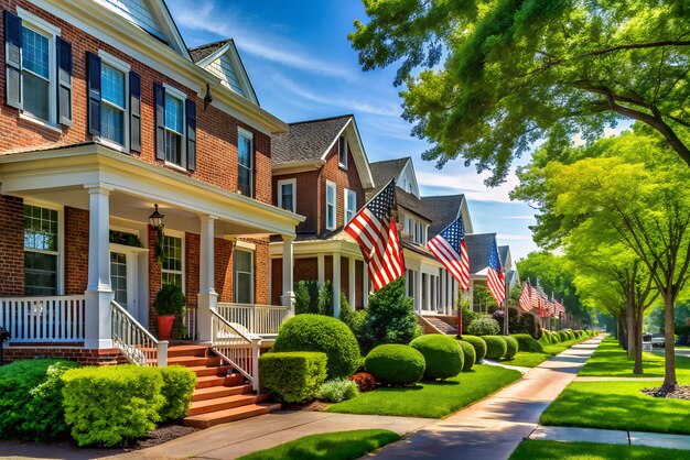 Photo picturesque suburban street scene classic american brick homes with flags and manicured lawns