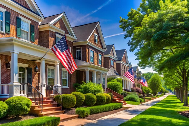 Photo picturesque suburban street scene classic american brick homes with flags and manicured lawns