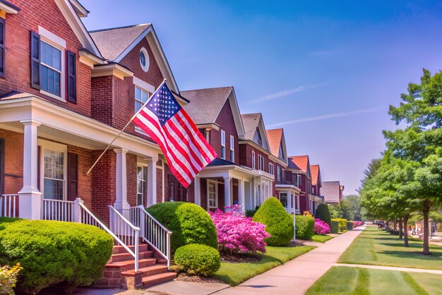 Photo picturesque suburban street scene classic american brick homes with flags and manicured lawns