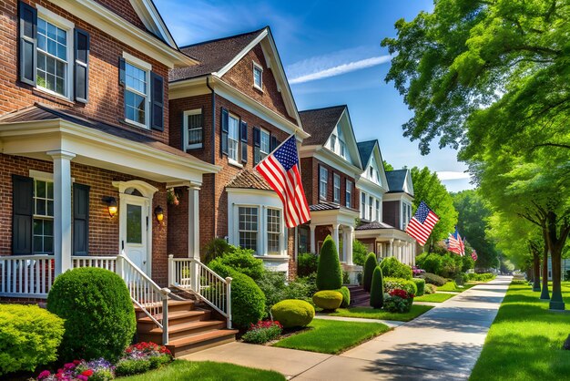 Photo picturesque suburban street scene classic american brick homes with flags and manicured lawns