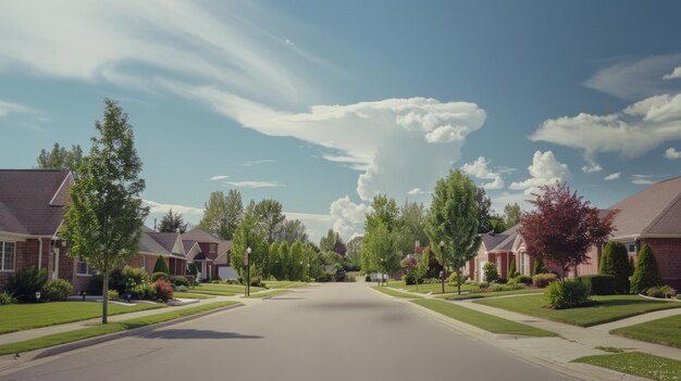 Photo a picturesque suburban street with neatly arranged houses lush green trees and a sky adorned with whimsical cloud formations