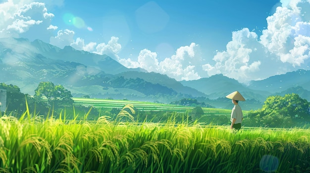 A picturesque summer day in the countryside features vast rice fields their bright green stalks gently swaying in the warm breeze the sun casts a warm glow and a farmer with a traditional straw