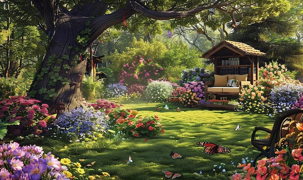 Picturesque Summer Garden with Blooming Flowers