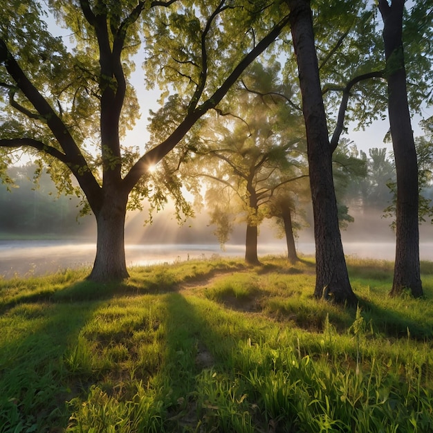 Photo picturesque summer landscape misty dawn in an oak grove on the banks of the river