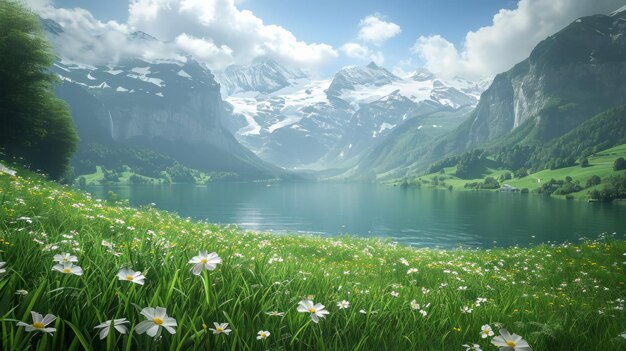 Picturesque Swiss lakeside with flourishing green meadows meeting the waters edge featuring detailed and realistic images of vibrant grass and serene mountainous views Generative AI