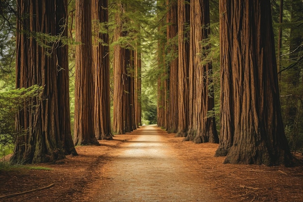 A picturesque unpaved dirt road winding through a dense forest area enclosed by towering trees An alley of towering redwood trees in a coastal park AI Generated